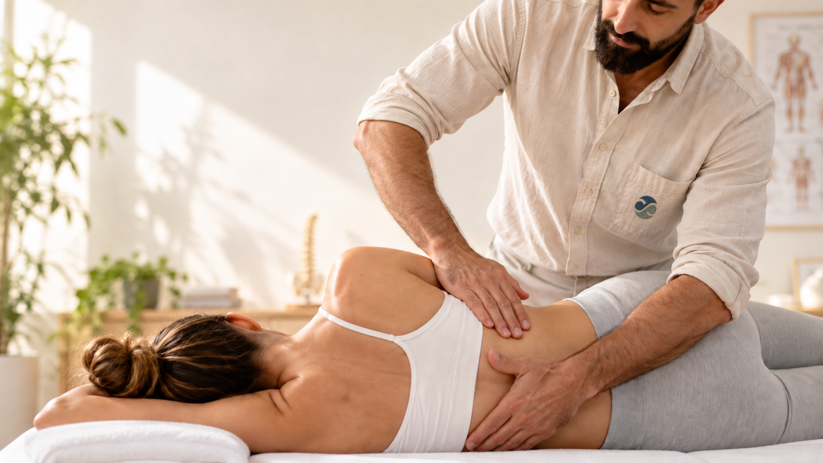Osteópata realizando una terapia manual sobre la zona lumbar