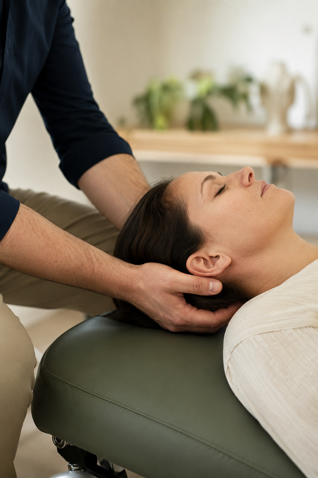 Técnica cráneo-sacral durante una consulta de osteopatía